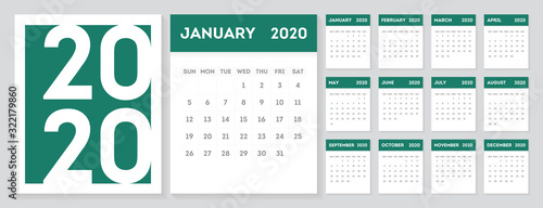 2020 Gregorian calendar design template. Set of 12 months calendar in a minimalist style. photo