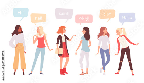 Group of happy women of different nationalities say hello in different languages. International Women's Day