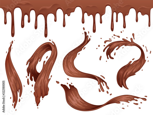 Set of splashes and waves of liquid hot chocolate. Chocolate seamless border