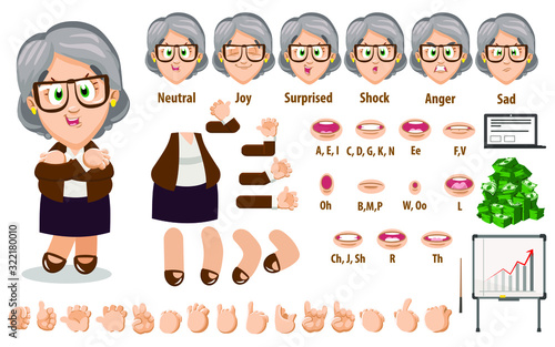 Cartoon senior businesswoman constructor for animation. Parts of body: legs, arms, face emotions, hands gestures, lips sync. Full length, front, three quater view. Set of ready to use poses, objects.