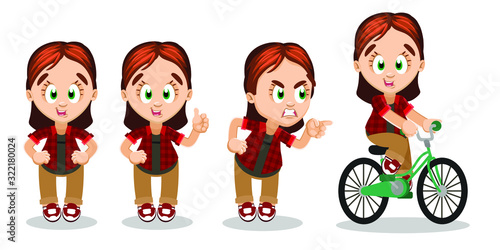 Redheaded girl tomboyish standing with arms akimbo, showing thumb up, abusing somebody,riding bicycle. Cartoon vector set isolated on white background. Teenager in checkered shirt and trousers.