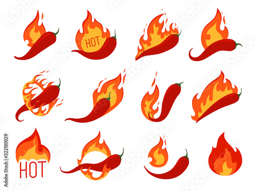 Set of hot chili peppers on fire. Icons for spicy pepper food