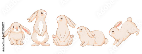Set of cute funny rabbits in different poses. Imitation of handmade watercolor