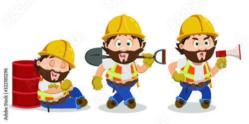 Different moments of working day of smiling bearded man in hardhat and industrial vest. Tired happy builder having rest near barrel, going with shovel, crying to megaphone. Cartoon vector set on white
