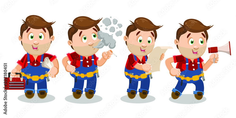 Brunet trowel man with stubble in working uniform spending time at construction. Worker standing, keeping tools kit and cost sheets, smoking, crying to megaphone. Cartoon vector set isolated on white. Brunet trowel man with stubble in working uniform spending time at construction. Worker standing, keeping tools kit and cost sheets, smoking, crying to megaphone. Cartoon vector set isolated on white.