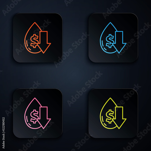 Color neon line Drop in crude oil price icon isolated on black background. Oil industry crisis concept. Set icons in square buttons. Vector Illustration