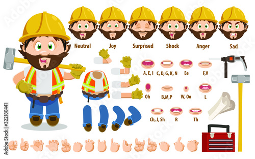 Cartoon builder, foreman constructor for animation. Parts of body: legs, arms, face emotions, hands gestures, lips sync. Full length, front, three quater view. Set of ready to use poses, objects.