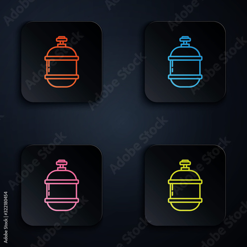 Color neon line Propane gas tank icon isolated on black background. Flammable gas tank icon. Set icons in square buttons. Vector Illustration