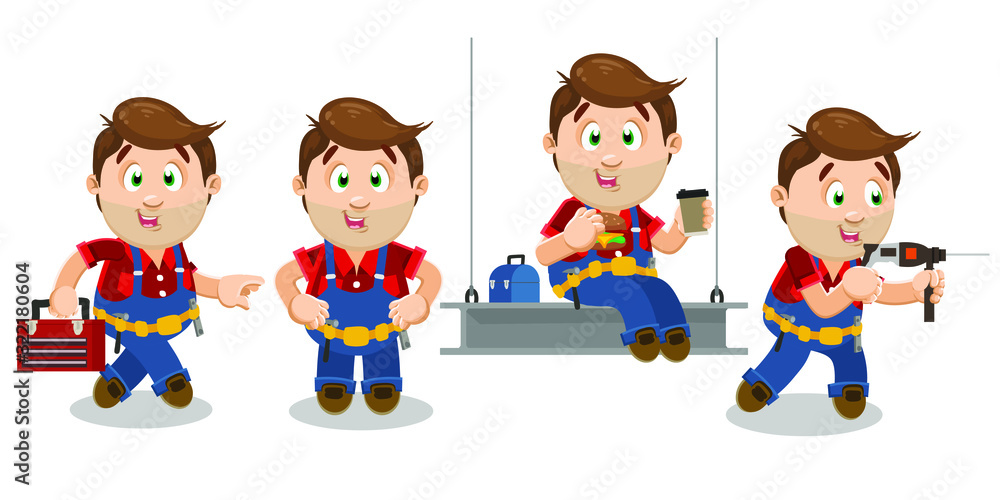 Trowel man, repairer in working uniform performing construction tasks. Comic builder going with tools kit, standing arms akimbo, having cofee break, perforating with drill. Cartoon vector set. Trowel man, repairer in working uniform performing construction tasks. Comic builder going with tools kit, standing arms akimbo, having cofee break, perforating with drill. Cartoon vector set.