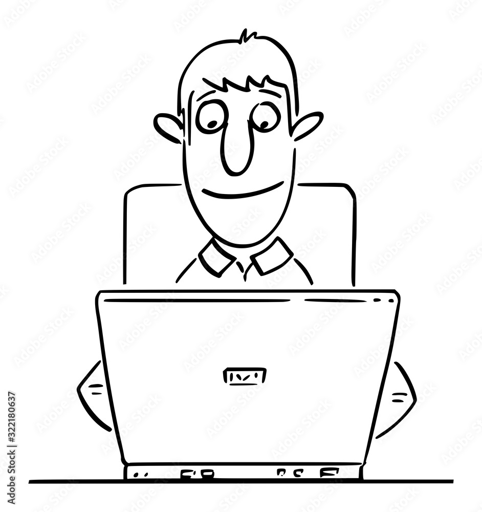 Vector funny comic cartoon drawing of happy office worker or man or businessman or student or author working or typing on computer. Vector funny comic cartoon drawing of happy office worker or man or businessman or student or author working or typing on computer.