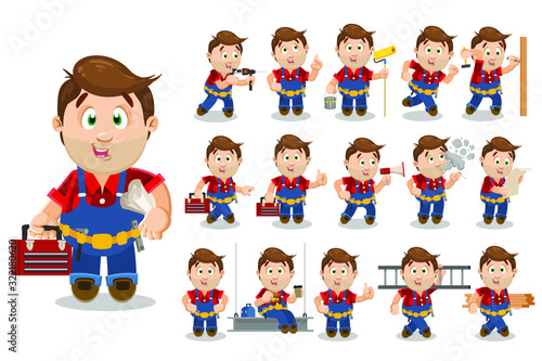 Big set with foreman, worker spending time at construction area. Trowel man with stubble keeping tools kit, eating, carrying wood boards, ladder, crying to megaphone, working. Cartoon vector on white.