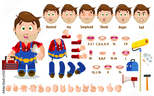 Cartoon trowel man, worker constructor for animation. Parts of body: legs, arms, face emotions, hands gestures, lips sync. Full length, front, three quater view. Set of ready to use poses, objects.