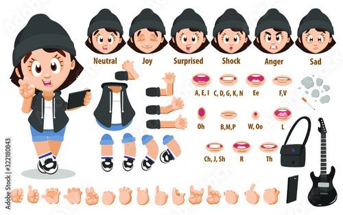 Cartoon rock musician girl constructor for animation. Parts of body: legs, arms, face emotions, hands gestures, lips sync. Full length, front, three quater view. Set of ready to use poses, objects.