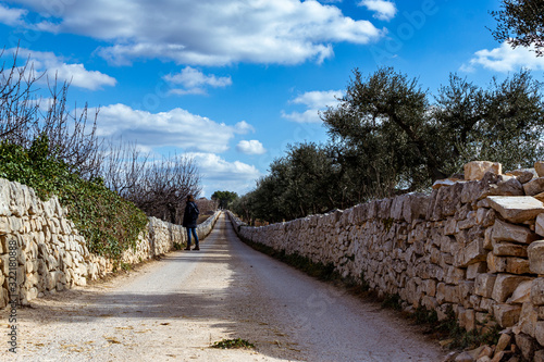 vialone in campagna con muretti a secco e ulivi sotto le nuvole photo