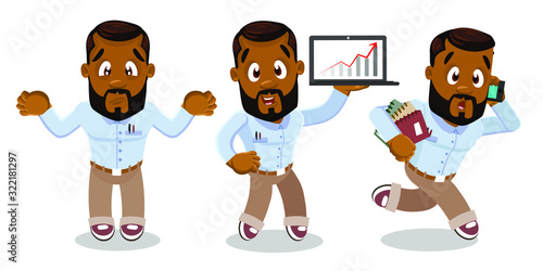 Cute afro-american businessman or freelancer in different situations: is upset making a helpless gesture, keeping laptop with growth diagram, hurring up and running. Cartoon vector on white.