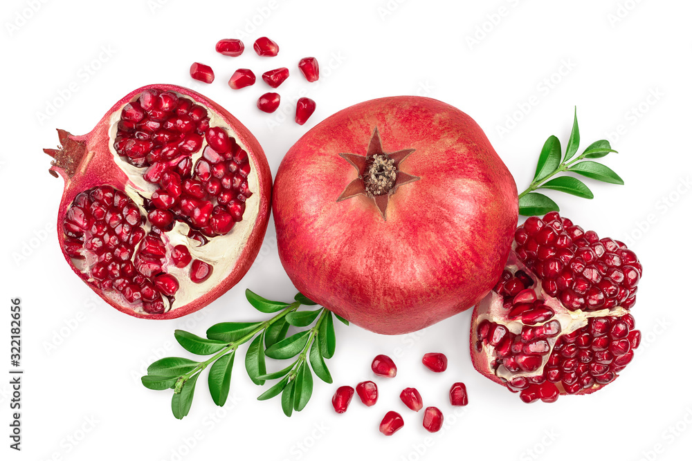 Pomegranate isolated on white background with clipping path and full depth of field. Top view. Flat lay Pomegranate isolated on white background with clipping path and full depth of field. Top view. Flat lay