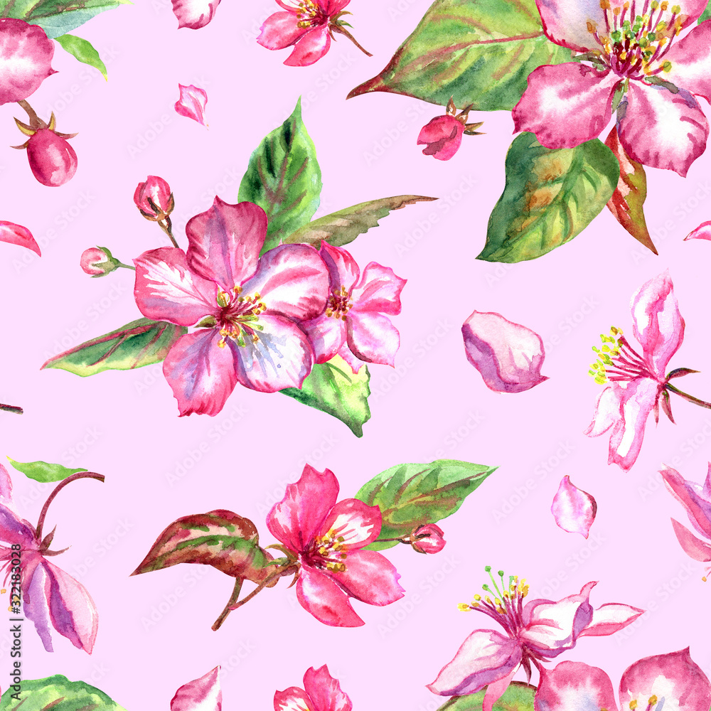 Seamless pattern of pink apple flowers on a pink background, watercolor drawing, floral print for fabric, paper and other designs.