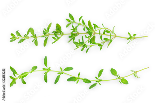 Fresh thyme spice isolated on white background, Top view. Flat lay.