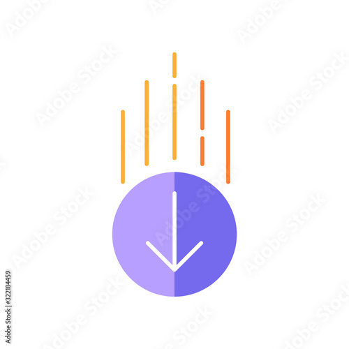 Down arrow in circle flat design cartoon RGB color icon. Page browsing direction. Website pointer. Web cursor. Scrolldown interface directional button in round shape. Vector silhouette illustration
