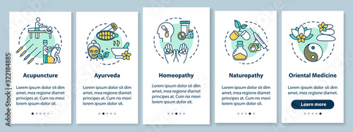 Traditional alternative medicine onboarding mobile app page screen with concepts. Complementary therapy walkthrough five steps graphic instructions. UI vector template with RGB color illustrations