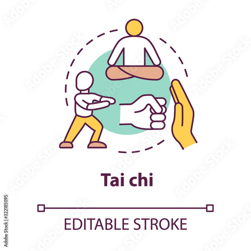 Tai chi concept icon. Traditional chinese martial art idea thin line illustration. Oriental practice, defence training and meditation. Vector isolated outline RGB color drawing. Editable stroke