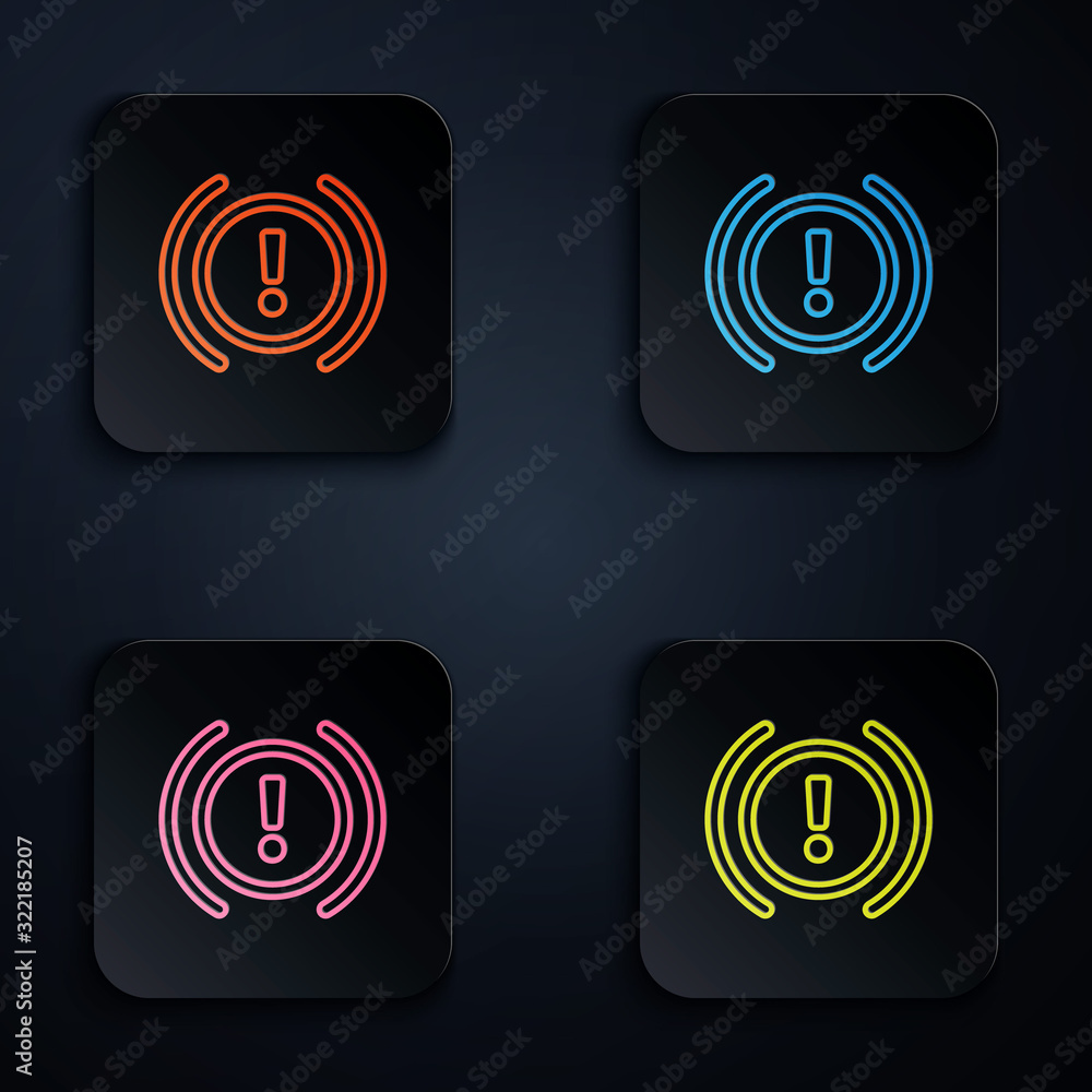 Color neon line Brake system warning icon isolated on black background ...