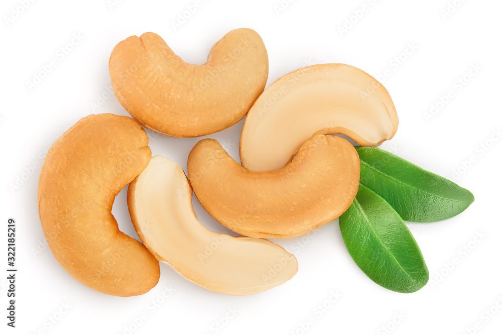 Roasted Cashew nuts isolated on white background with clipping path and full depth of field. Top view. Flat lay