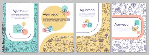 Ayurveda brochure template. Ayurvedic medicine flyer, booklet, leaflet print, cover design with linear icons. Alternative therapies. Vector layouts for magazines, annual reports, advertising posters