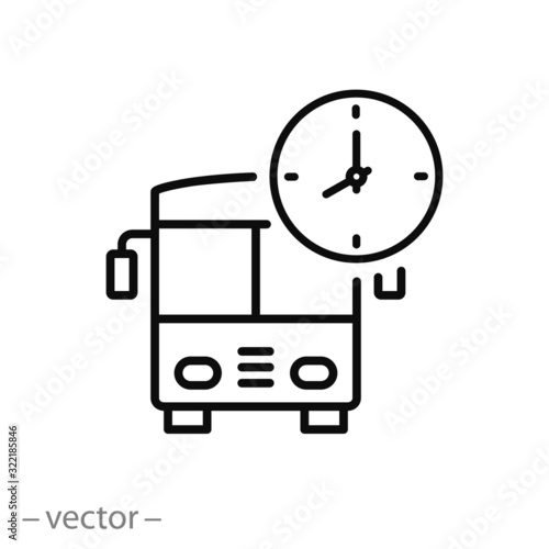 bus and clock icon, time to travel, public transport, thin line web symbol on white background - editable stroke vector illustration eps10