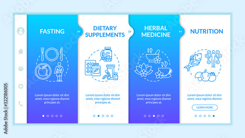 Herbal medicine and diets onboarding vector template. Homeopathy, naturopathy responsive mobile website with icons. Fasting and dietary supplements webpage walkthrough step screens. RGB color concept