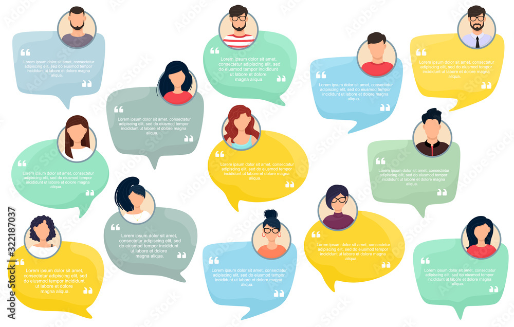 Testimonial Speech bubble concept, customer feedback for info graphic, application for info graphic, application and website. Creative testimonials template with different shapes. Vector illustration. - obrazy, fototapety, plakaty 