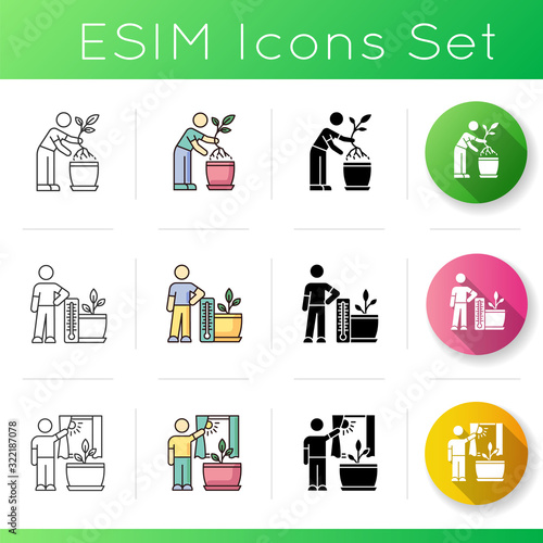 Houseplant care icons set. Indoor gardening steps. Repotting. Exposing flower to sunlight. Linear, black and RGB color styles. Linear black and RGB color styles. Isolated vector illustrations