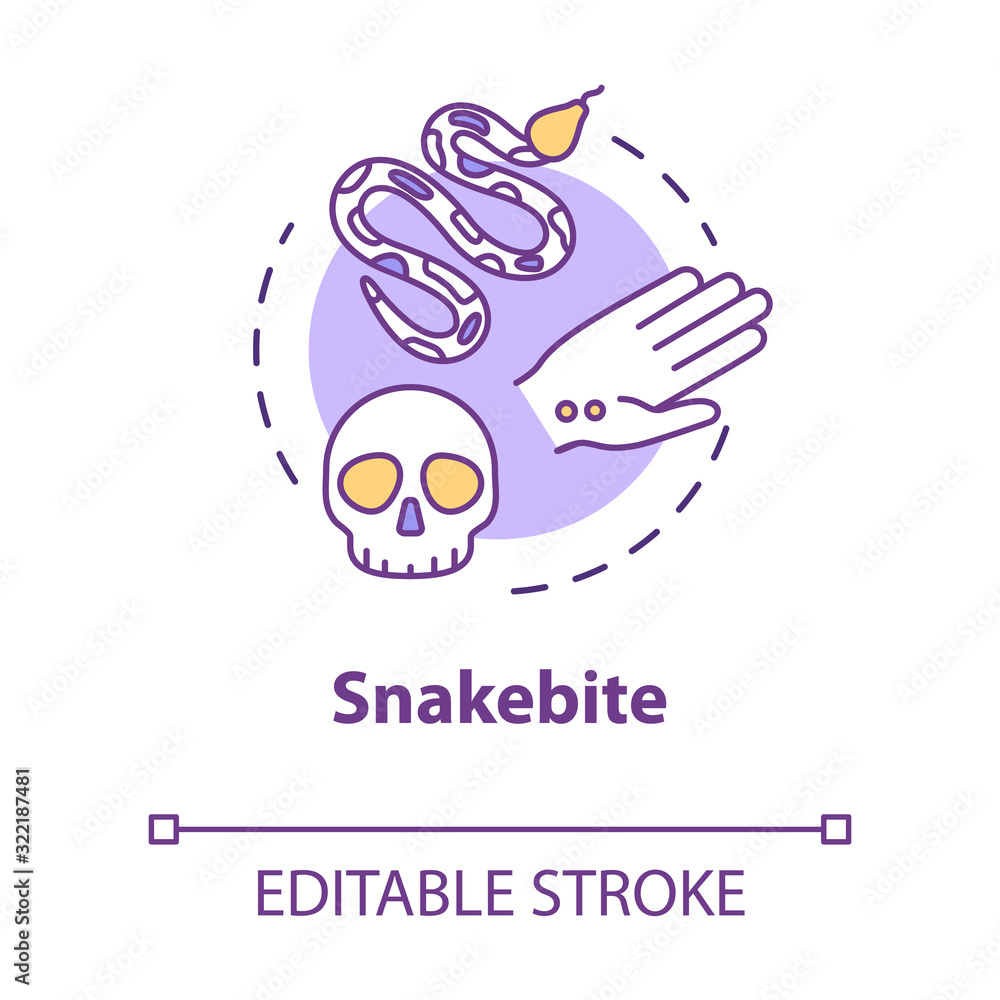 Obraz premium Snakebite, injury, bitten wound concept icon. Reptile bite, toxic poison, danger, health hazard idea thin line illustration. Vector isolated outline RGB color drawing. Editable stroke