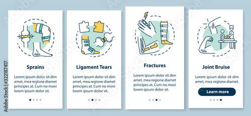 Trauma types onboarding mobile app page screen with concepts. Sprains, ligament tears, fractures, joint bruise walkthrough 4 steps graphic instructions. UI vector template with RGB color illustrations