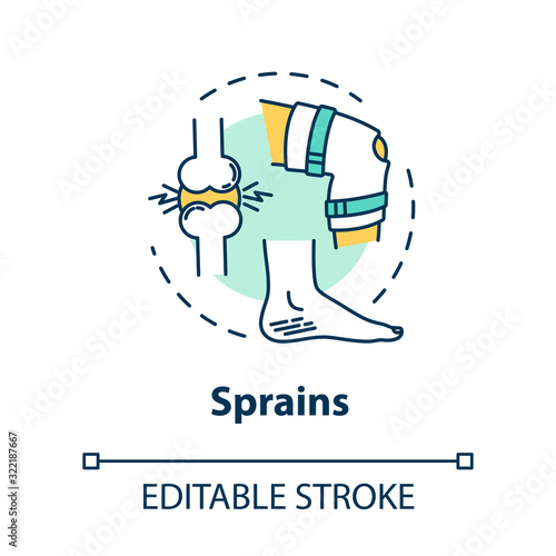 Sprains, muscle injury, trauma concept icon. Orthopedics, traumatism, sprained knee and ankle tendons idea thin line illustration. Vector isolated outline RGB color drawing. Editable stroke