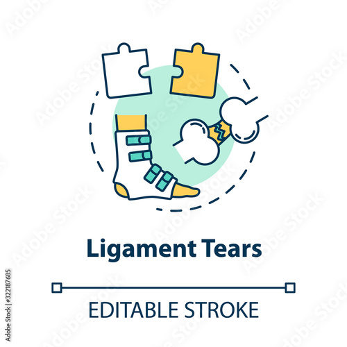 Ligament tears concept icon. Muscle injury, tendon rupture. First aid, trauma treatment scheme idea thin line illustration. Vector isolated outline RGB color drawing. Editable stroke