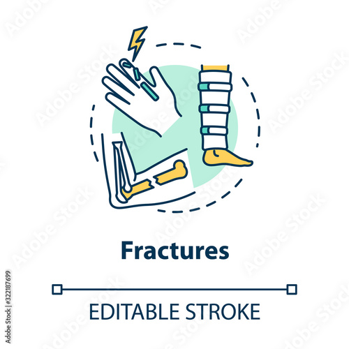 Fractures, bone and cartilage injuries concept icon. Orthopedics, traumatism, injured arm and leg, body traumas idea thin line illustration. Vector isolated outline RGB color drawing. Editable stroke