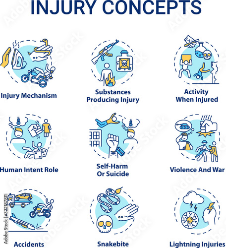 Injury causes concept icons set. Trauma human and natural factors, domestic and traffic accidents idea thin line RGB color illustrations. Vector isolated outline drawings. Editable stroke