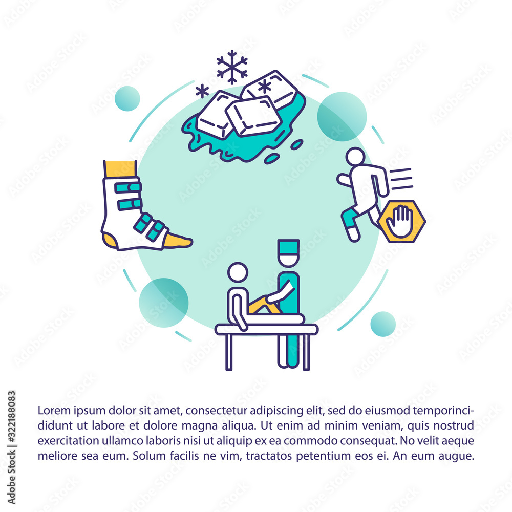 Sports injuries therapy concept icon with text. Running trauma first aid and treatment PPT page vector template. Brochure, magazine, booklet design element with linear illustrations Sports injuries therapy concept icon with text. Running trauma first aid and treatment PPT page vector template. Brochure, magazine, booklet design element with linear illustrations