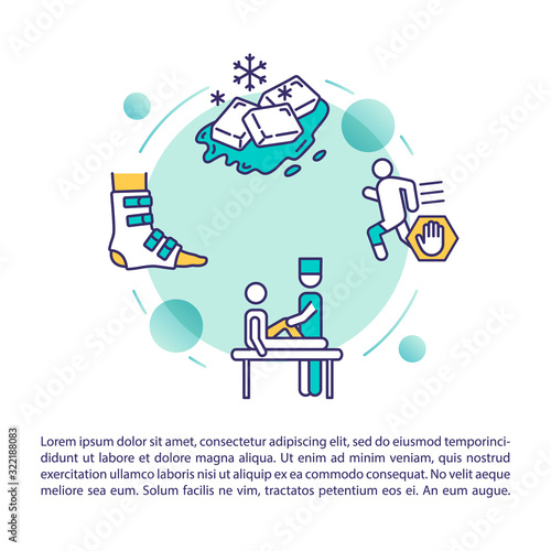 Sports injuries therapy concept icon with text. Running trauma first aid and treatment PPT page vector template. Brochure, magazine, booklet design element with linear illustrations