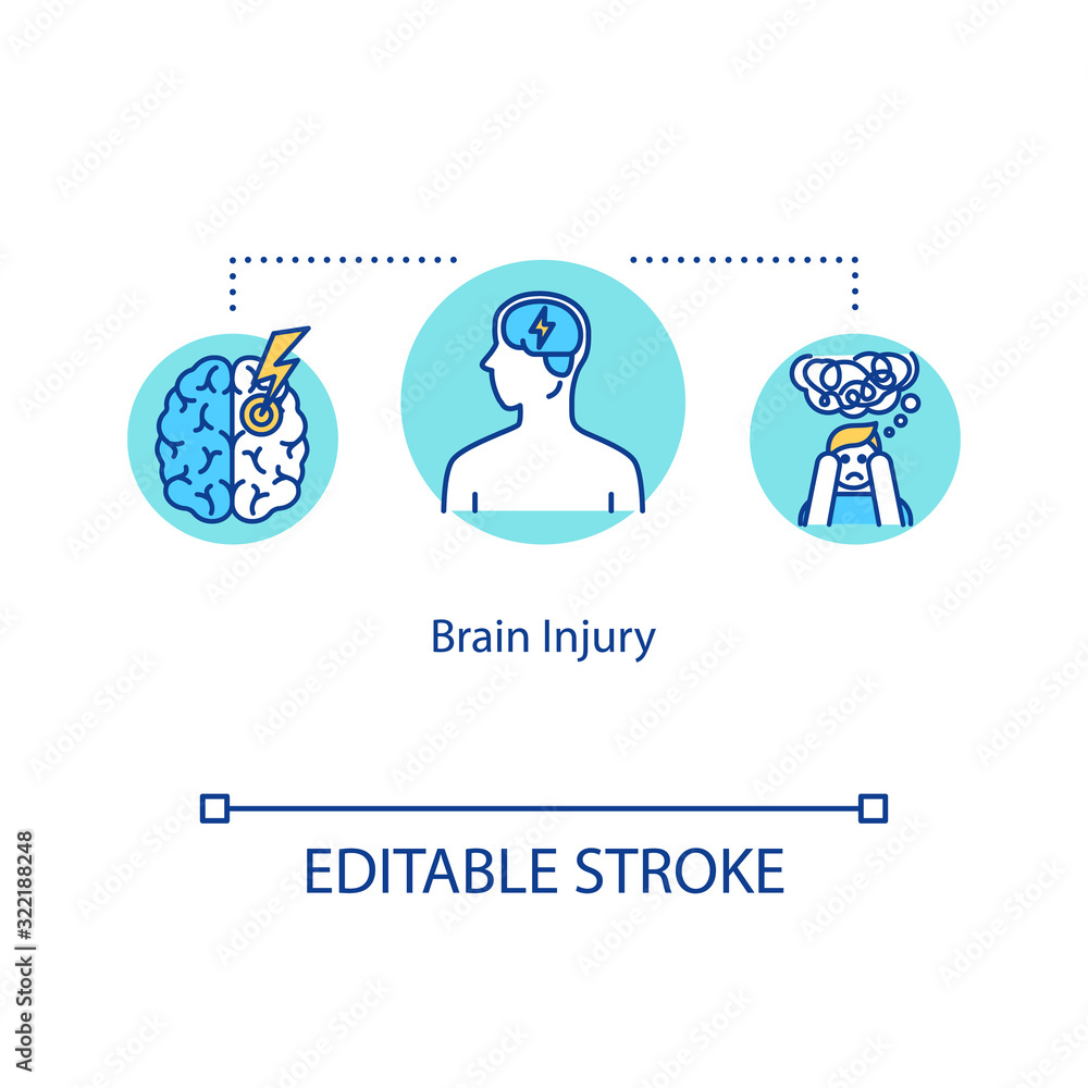 Brain injury, neurotrauma concept icon. Brain damage types and symptoms ...