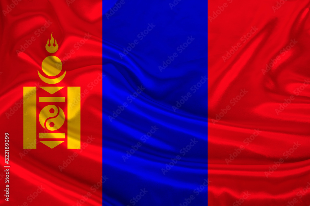 silk national flag of the modern state of Mongolia with beautiful folds, the concept of tourism, economy, politics, emigration silk national flag of the modern state of Mongolia with beautiful folds, the concept of tourism, economy, politics, emigration