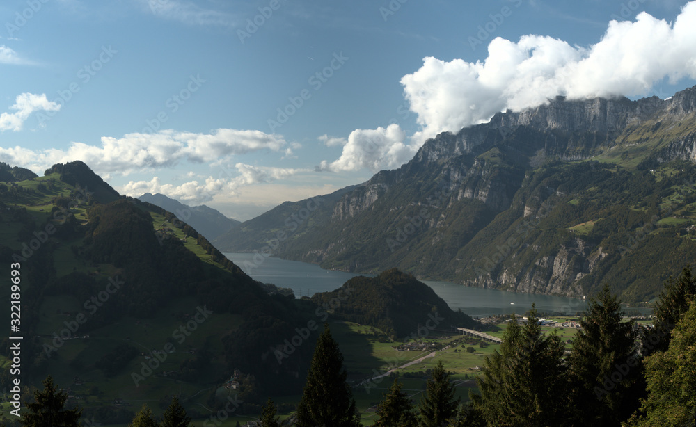 View towards Lake Walen from the mountains above Walenstadt, Swiss Alps