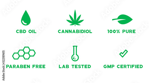 Set of medical CBD themed icons - 100 percent pure, cannabidiol, paraben free