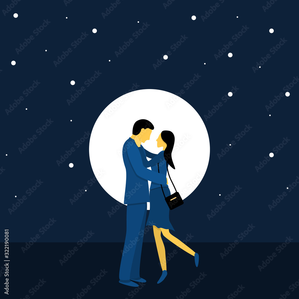 A couple of cute lovers on a background of the night sky with the moon. Flat vector illustration in trendy colors