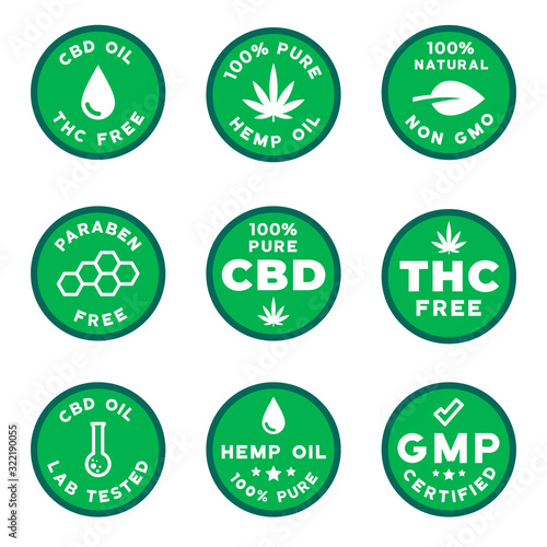 Set of CBD themed logotypes GMO free GMP certified CBD oil logos, THC free, paraben and pesticides free badges