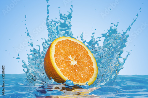 Orange cut in half with water splashes  3D rendering