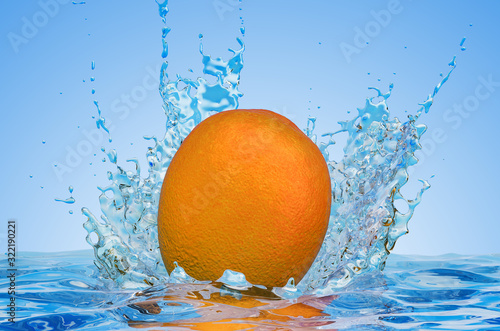 Orange with water splashes, 3D rendering
