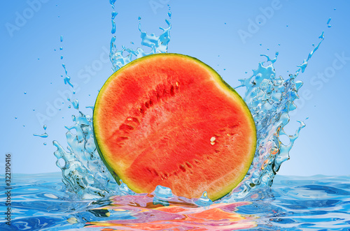 Watermelon cut in half with water splashes, 3D rendering