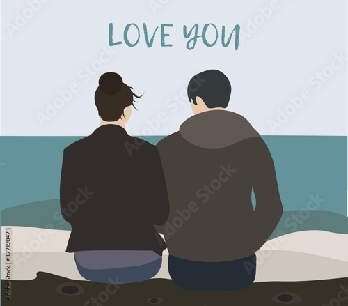 A loving couple is sitting on a log and looking at the sea. Flat Valentine's day greeting card in vector.